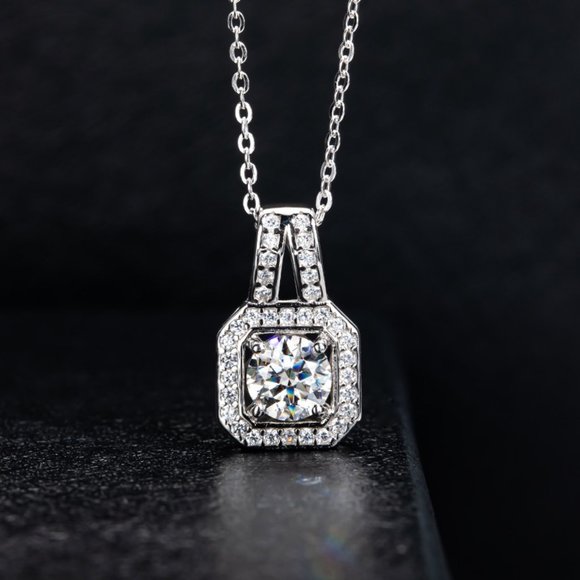 Certified 2ct. t.w. Moissanite Diamond Square Halo Pendant Necklace NEW - Picture 6 of 15